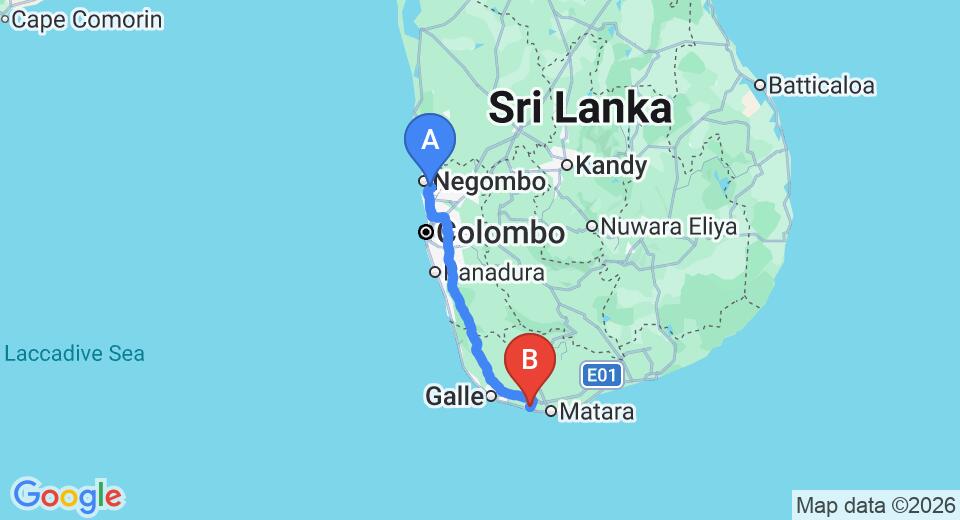 Driving route map: Colombo Airport (CMB) to Beach Hut Muhudu Bella, Weligama (172 km, approx 2 h 24 min private transfer)