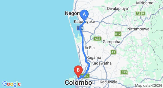 Driving route map: Colombo Airport (CMB) to Expo Apartment Colombo, Colombo (32 km, approx 39 min private transfer)