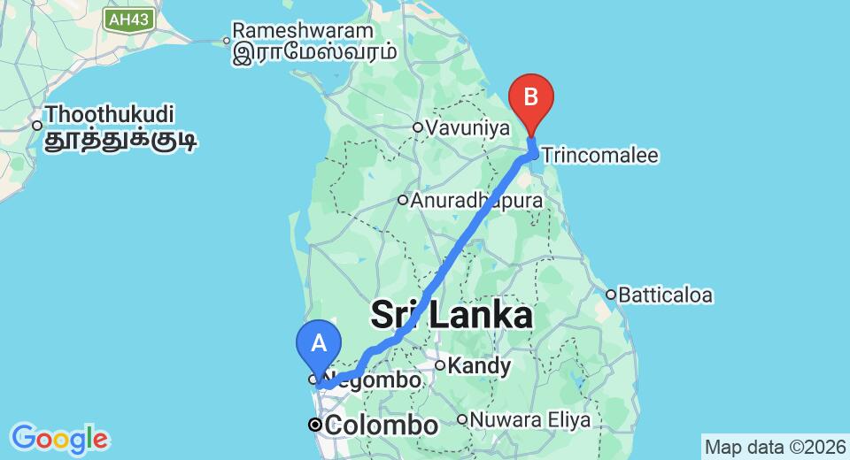 Driving route map: Colombo Airport (CMB) to Oceanfront Condos, Nilaveli (247 km, approx 5 h 5 min private transfer)