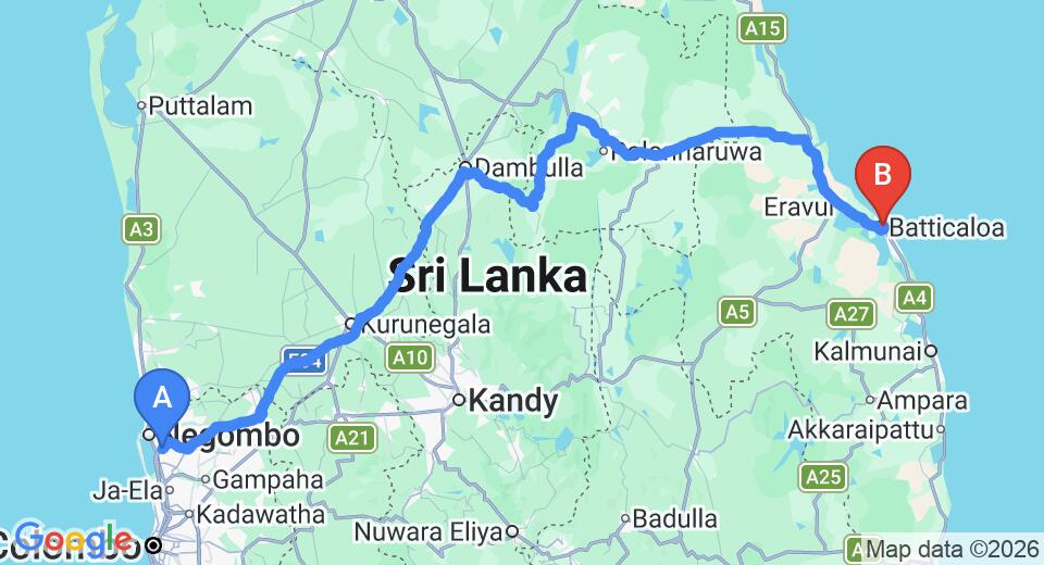 Driving route map: Colombo Airport (CMB) to Hotel East Lagoon, Batticaloa (294 km, approx 6 h 7 min private transfer)