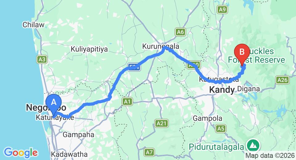 Driving route map: Colombo Airport (CMB) to Madulkelle Tea and Eco Lodge, Kandy (136 km, approx 3 h 51 min private transfer)