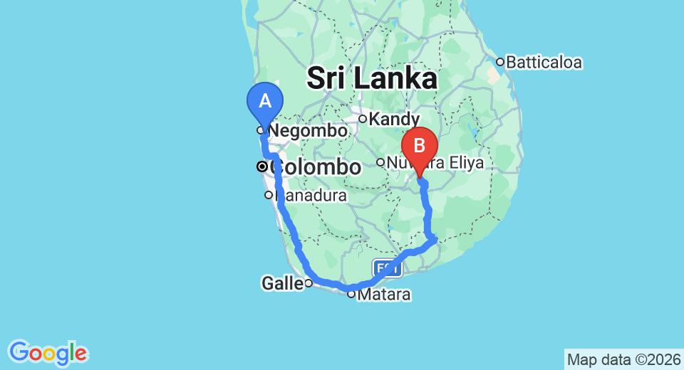 Driving route map: Colombo Airport (CMB) to Ella Planters Bungalow, Ella (326 km, approx 4 h 38 min private transfer)