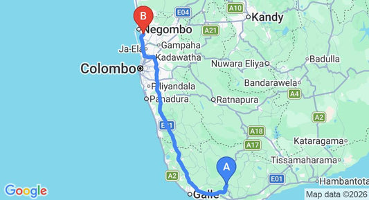 Driving route map: Akuressa to Colombo Airport (CMB) (174 km, approx 2 h 29 min private transfer)