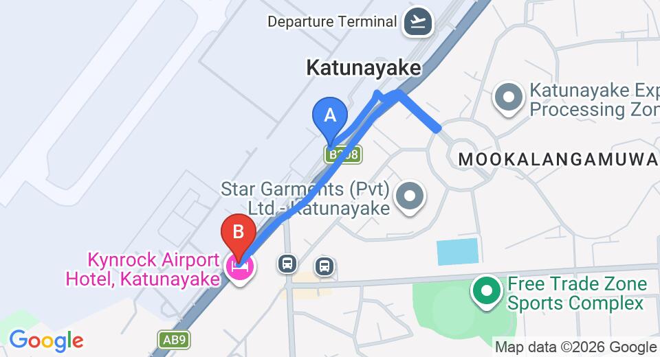 Driving route map: Colombo Airport (CMB) to Hotel Good Wood Plaza, Katunayake (2 km, approx 5 min private transfer)