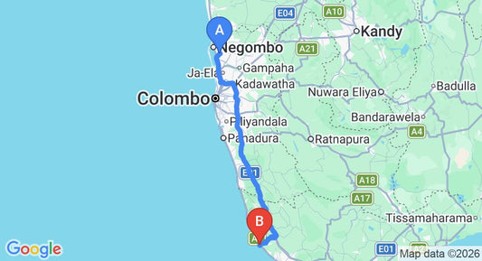 Driving route map: Colombo Airport (CMB) to Coral Reef Beach Hotel, Hikkaduwa (144 km, approx 2 h 9 min private transfer)