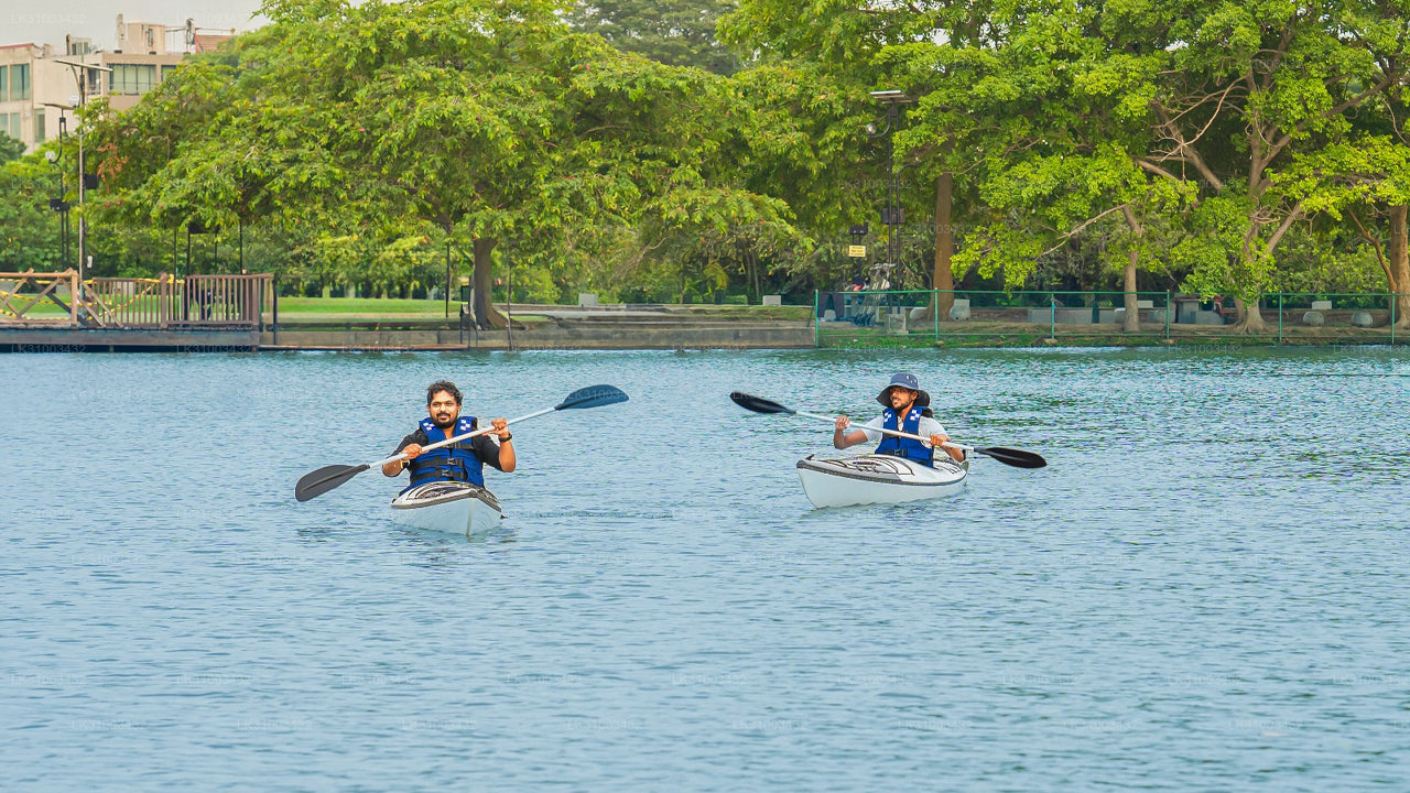 Two people kayaking on a lake with trees in the background