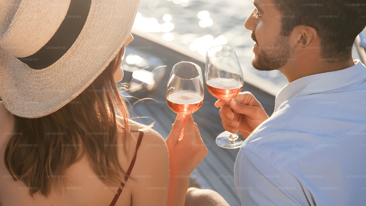 Couple on a boat holding glasses of pink wine with a scenic background