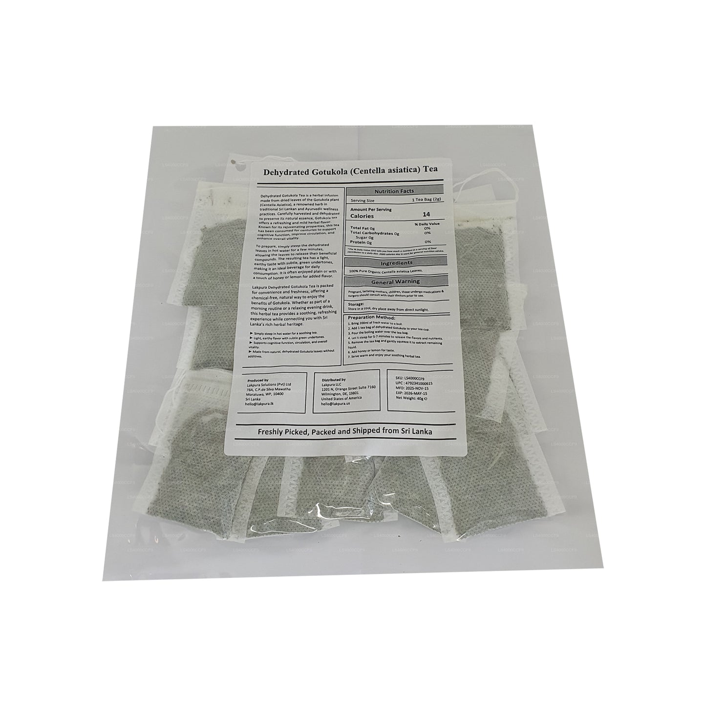 Bustine di tè Gotukola disidratato Lakpura (40 g) 20 bustine di tè
