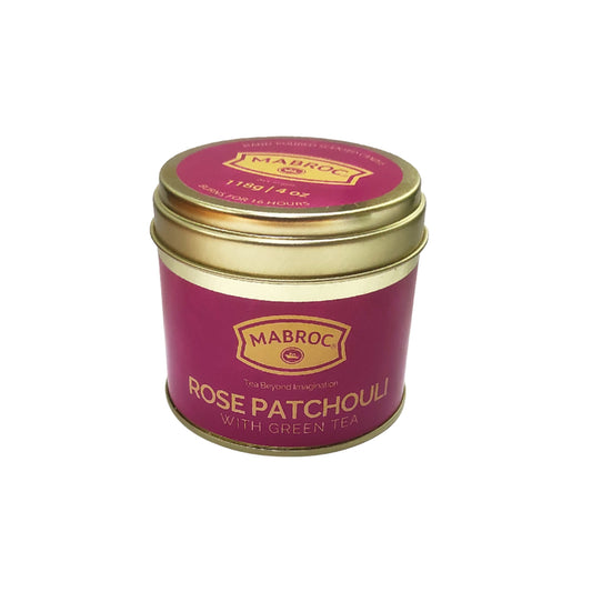 Candela profumata Mabroc in latta con aroma di rosa, patchouli e tè verde (118g)