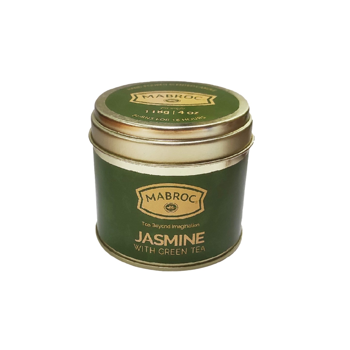 Candela profumata Mabroc in latta al gelsomino e tè verde (118g)