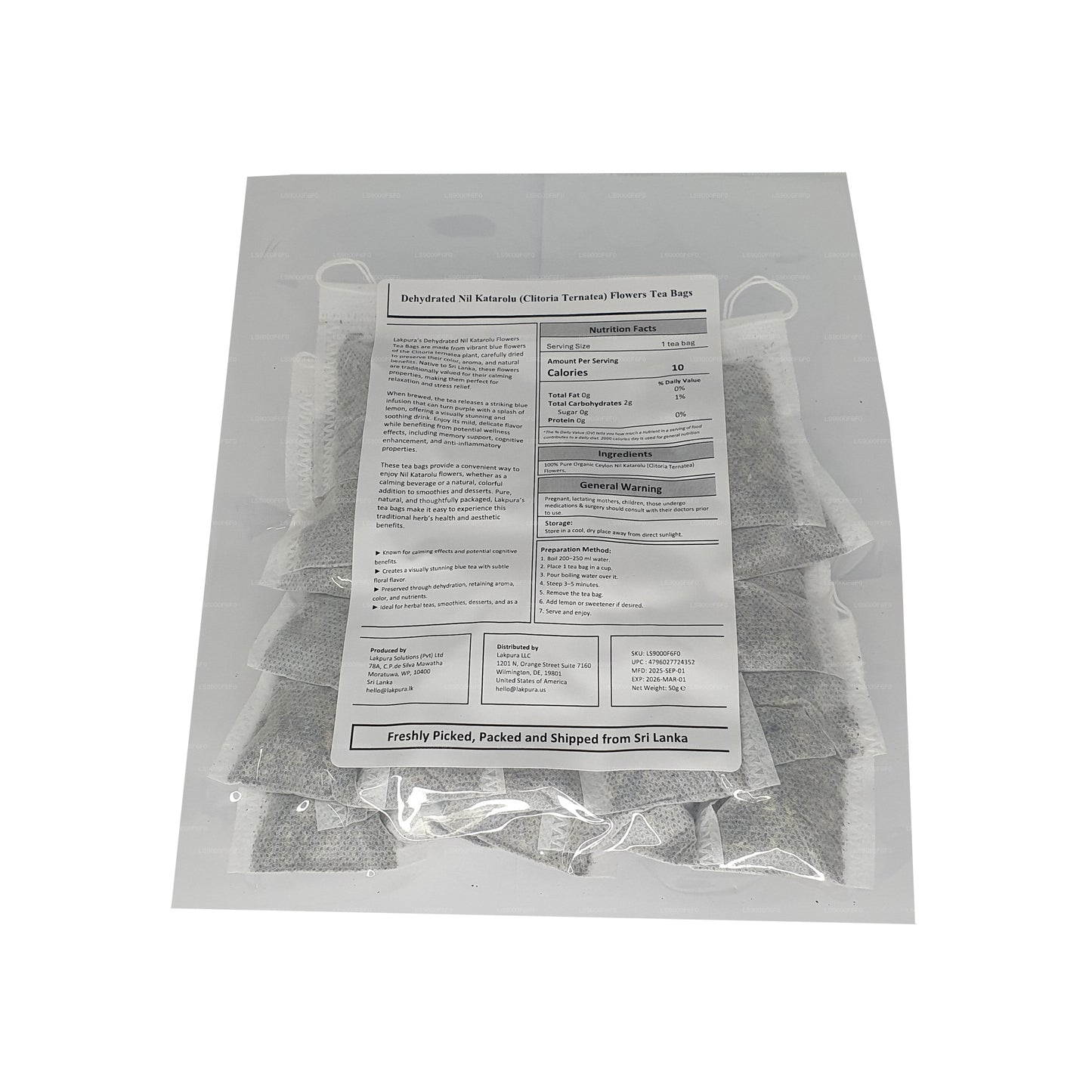 Lakpura® Bustine di tè ai fiori di pisello farfalla disidratati (Nil Katarolu; Clitoria Ternatea) (25 bustine)