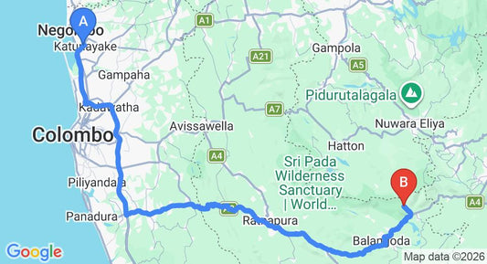 Driving route map: Colombo Airport (CMB) to The Glenrock, Belihuloya (182 km, approx 4 h 17 min private transfer)