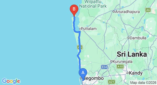Driving route map: Colombo Airport (CMB) to Dinuda Resort, Kalpitiya (138 km, approx 3 h 13 min private transfer)