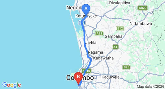 Driving route map: Colombo Airport (CMB) to Drift BnB Colombo, Colombo (36 km, approx 50 min private transfer)
