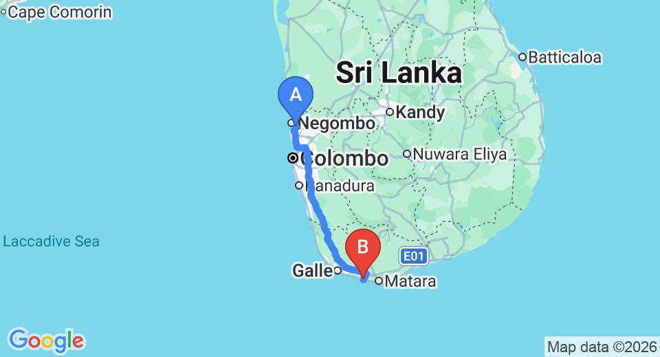 Driving route map: Colombo Airport (CMB) to Fishermans Bay, Weligama (174 km, approx 2 h 28 min private transfer)
