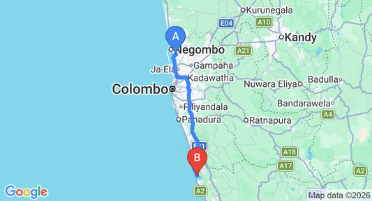 Driving route map: Colombo Airport (CMB) to One World Foundation Bogenvillya Guest House, Ahungalla (121 km, approx 2 h 0 min private transfer)