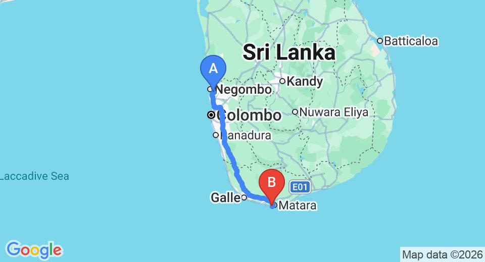 Driving route map: Colombo Airport (CMB) to Villa Ferola, Matara (185 km, approx 2 h 34 min private transfer)