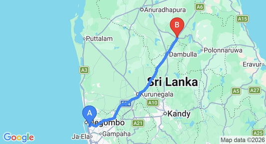 Driving route map: Colombo Airport (CMB) to Habarana (151 km, approx 3 h 12 min private transfer)