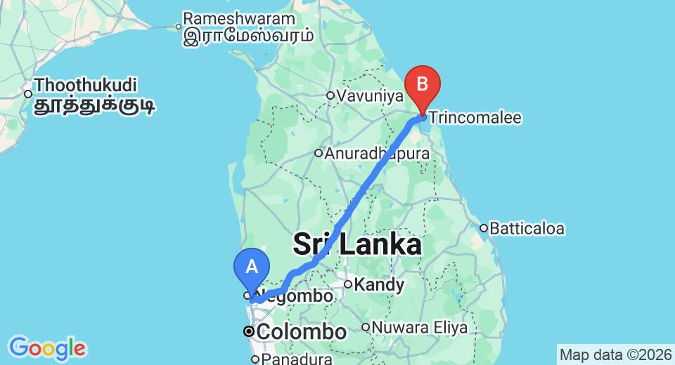 Driving route map: Colombo Airport (CMB) to Blue Anchor Resort, Trincomalee (235 km, approx 4 h 43 min private transfer)