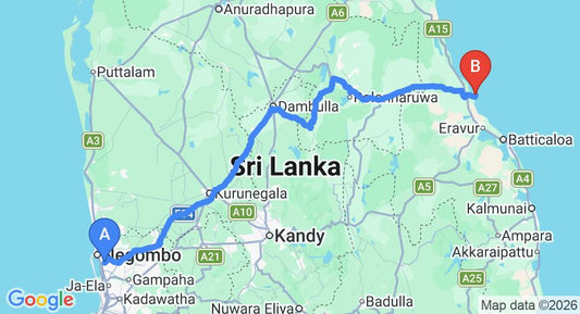 Driving route map: Colombo Airport (CMB) to Amaya Beach Passikudah, pasikuda (267 km, approx 5 h 29 min private transfer)