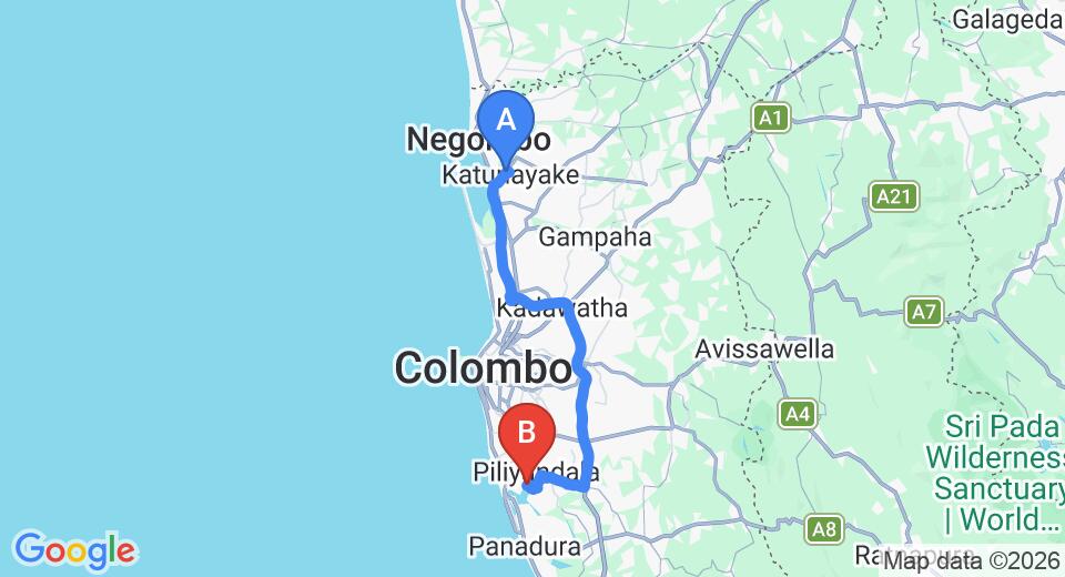 Driving route map: Colombo Airport (CMB) to Thotupola Lakeside Resort, Piliyandala (65 km, approx 1 h 13 min private transfer)