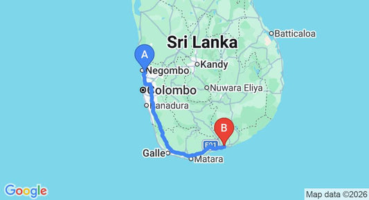 Driving route map: Colombo Airport (CMB) to Puhulyaya Holiday Bungalow, Ahangama (239 km, approx 3 h 17 min private transfer)