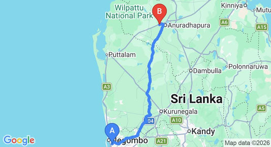 Driving route map: Colombo Airport (CMB) to Palm Garden Village Hotel, Anuradhapura (175 km, approx 3 h 45 min private transfer)