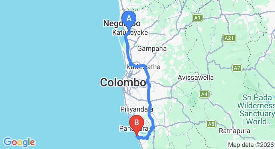 Driving route map: Colombo Airport (CMB) to Life Ayurveda Resort, Wadduwa (80 km, approx 1 h 26 min private transfer)