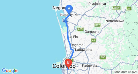 Driving route map: Colombo Airport (CMB) to Ellen's Place, Colombo (33 km, approx 42 min private transfer)