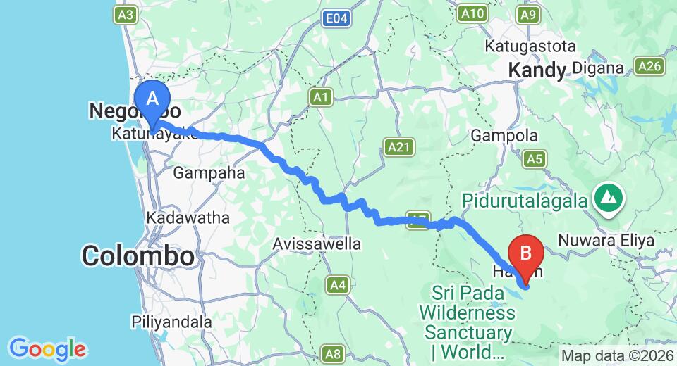 Driving route map: Colombo Airport (CMB) to Mandira Craig Appin Bungalow, Hatton (120 km, approx 3 h 47 min private transfer)