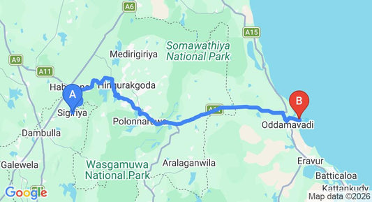 Driving route map: Sigiriya to Pasikuda (125 km, approx 2 h 36 min private transfer)