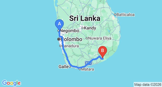 Driving route map: Colombo Airport (CMB) to TARA Watergate, Tissamaharama (281 km, approx 3 h 50 min private transfer)