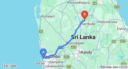Driving route map: Colombo Airport (CMB) to Fresco Water Villas, Sigiriya (143 km, approx 3 h 6 min private transfer)