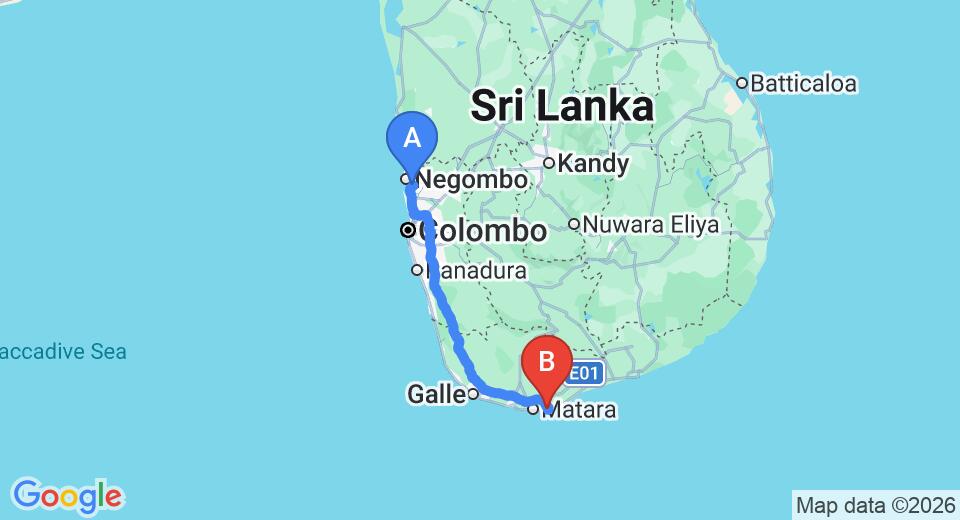 Driving route map: Colombo Airport (CMB) to Handun Villas, Kottegoda (196 km, approx 2 h 45 min private transfer)