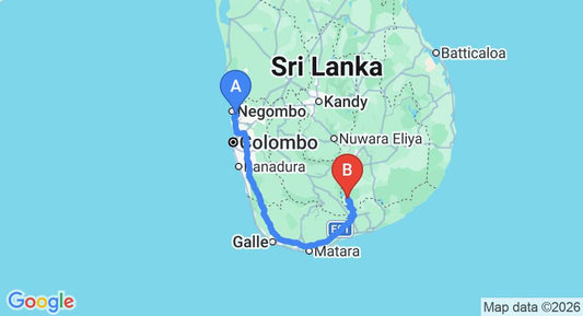 Driving route map: Colombo Airport (CMB) to Elephant Rest Hotel, Udawalawe (261 km, approx 3 h 37 min private transfer)