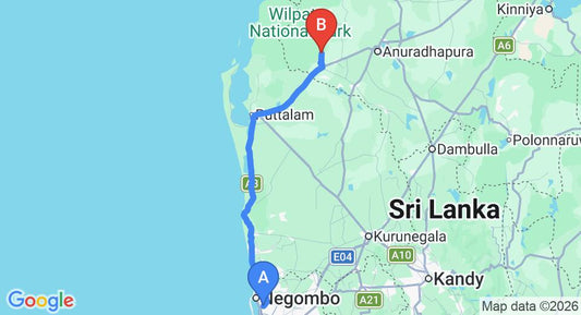 Driving route map: Colombo Airport (CMB) to Dolosmahe Guest House, Wilpattu (156 km, approx 3 h 34 min private transfer)