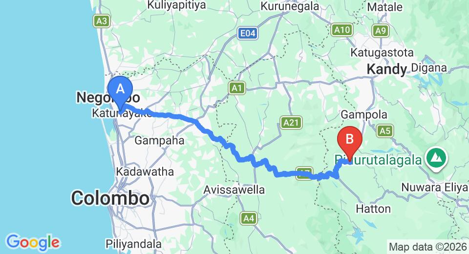 Driving route map: Colombo Airport (CMB) to Okwin Resort, Nawalapitiya (107 km, approx 3 h 18 min private transfer)