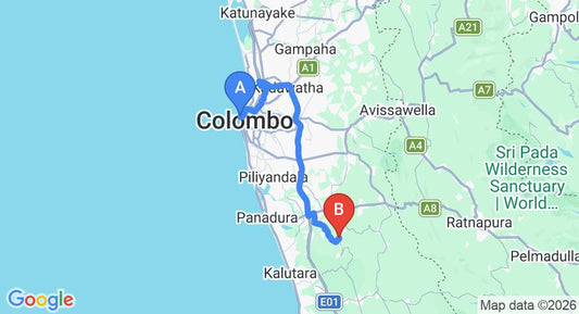 Driving route map: Colombo Seaport to Yala (72 km, approx 1 h 20 min private transfer)