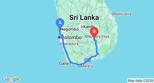Driving route map: Colombo Airport (CMB) to Hotel Alta Vista, Ella (335 km, approx 4 h 56 min private transfer)