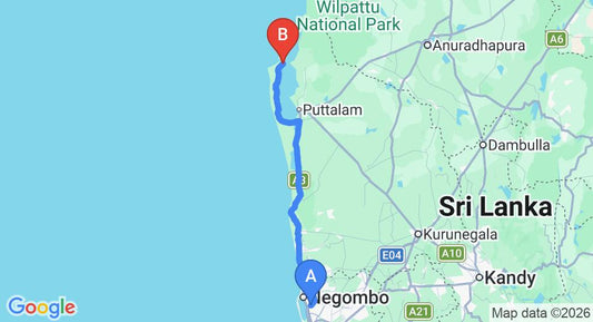 Driving route map: Colombo Airport (CMB) to Villa 17, Kalpitiya (139 km, approx 3 h 13 min private transfer)