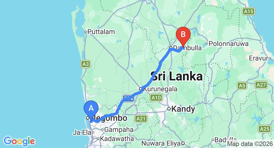 Driving route map: Colombo Airport (CMB) to Joe's Bungalows Yala, Yala (146 km, approx 3 h 14 min private transfer)