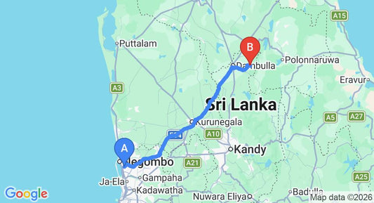 Driving route map: Colombo Airport (CMB) to Governors River Lodge Wilpattu, Wilpattu (146 km, approx 3 h 14 min private transfer)