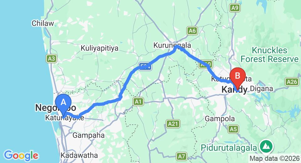 Driving route map: Colombo Airport (CMB) to Royal Tourist Lodge, Kandy (116 km, approx 2 h 56 min private transfer)