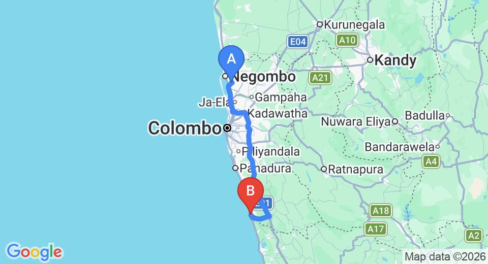 Driving route map: Colombo Airport (CMB) to Chamo Villa, Beruwala (108 km, approx 1 h 41 min private transfer)