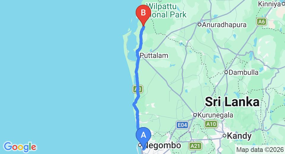 Driving route map: Colombo Airport (CMB) to Mahoora Safari Camping, Wilpattu (137 km, approx 3 h 20 min private transfer)