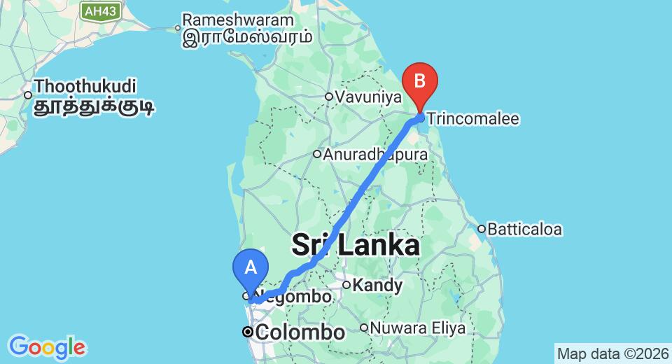 Driving route map: Colombo Airport (CMB) to Colombo Airport (CMB) to Sea Lagoon Beach, Trincomalee Private Transfer (238 km, approx 4 h 50 min private transfer)