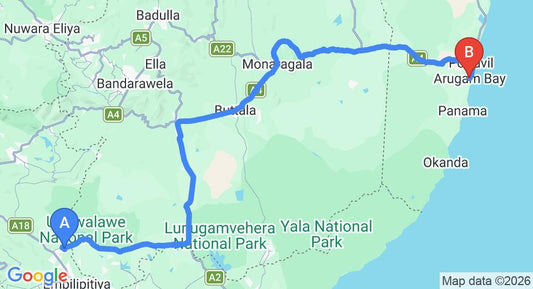 Driving route map: Udawalawe to Arugam Bay (181 km, approx 3 h 44 min private transfer)