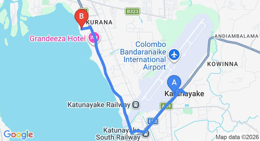 Driving route map: Colombo Airport (CMB) to Amagi Aria - Airport Transit Hotel, Negombo (7 km, approx 17 min private transfer)