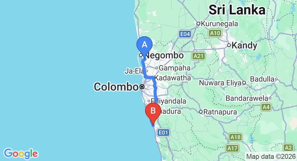 Driving route map: Colombo Airport (CMB) to Petters Beach Inn, Kalutara (83 km, approx 1 h 30 min private transfer)