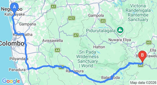 Driving route map: Colombo Airport (CMB) to Sherwood Tea Plantation Bungalow, Haputale (208 km, approx 4 h 59 min private transfer)